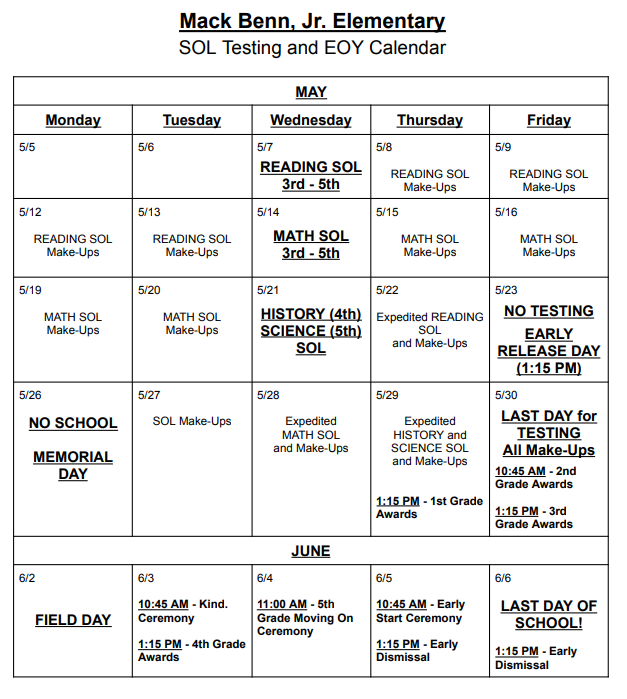 End of the School Year/VA SOL Testing Calendar